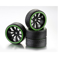###Absima Wheel Set Drift 9-Spoke "Profile A" Rim black/Ring neon green 1:10 (4)