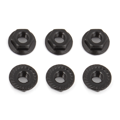 Wheel Nuts, M4, Serrated, flanged, black steel