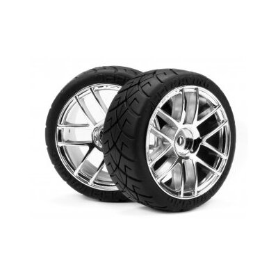 HPI Mounted X-Pattern Tire D Compound on Split 6 Wheel Chrome (