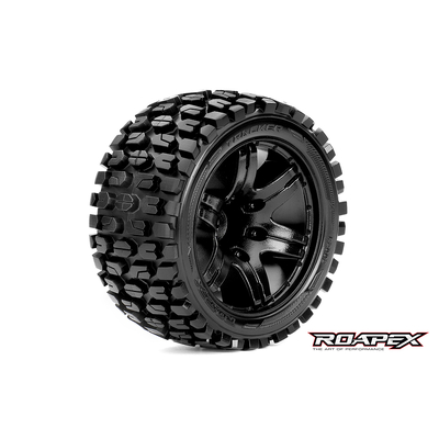 TRACKER 1/10 STADIUM TRUCK TIRE BLACK WHEEL WITH 1/2 OFFSET 12MM HEX MOUNTED