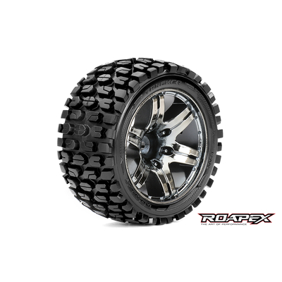 TRACKER 1/10 STADIUM TRUCK TIRE CHROME BLACK WHEEL WITH 1/2 OFFSET 12MM HEX MOUNTED