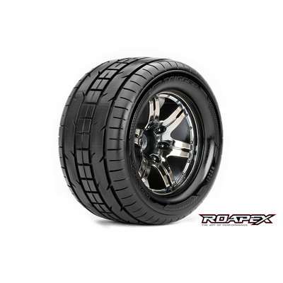 TRIGGER 1/10 MONSTER TRUCK TIRE CHROME BLACK WHEEL WITH 1/2 OFFSET 12MM HEX MOUNTED