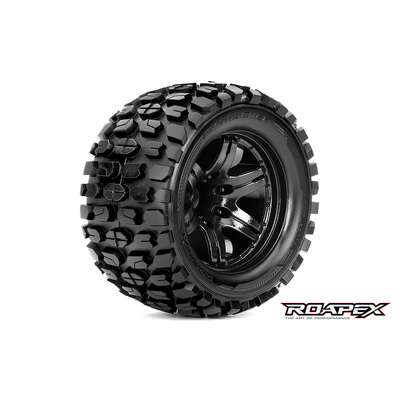 TRACKER 1/10 MONSTER TRUCK TIRE BLACK WHEEL WITH 1/2 OFFSET 12MM HEX MOUNTED