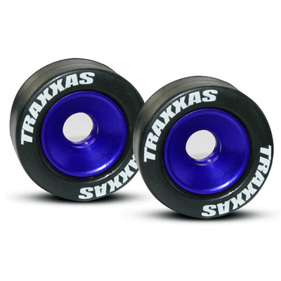 Traxxas Rubber Tires Mounted on Blue-Anodized Wheelie Bar Wheel