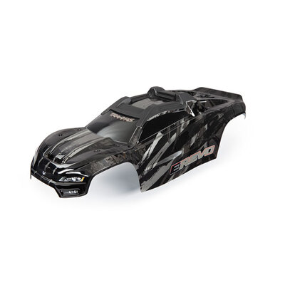 TRAXXAS Body, E-Revo, black/ window, grille, lights decal sheet (assembled with front & rear body mounts and rear body support for clipless mounting)